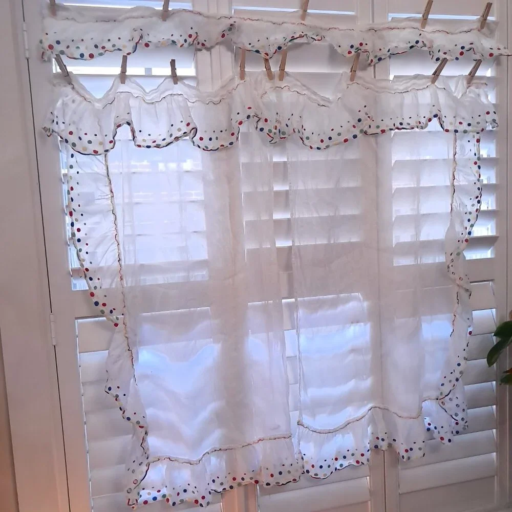 Vintage kitchen cafe curtains polka dots rainbow‎ primary colors white whimsy